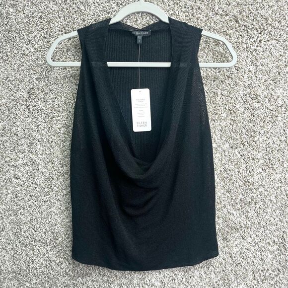 Eileen Fisher Tank Top Women’s M Black Polished Linen Drape Neck Sleeveless NWT - Picture 1 of 6